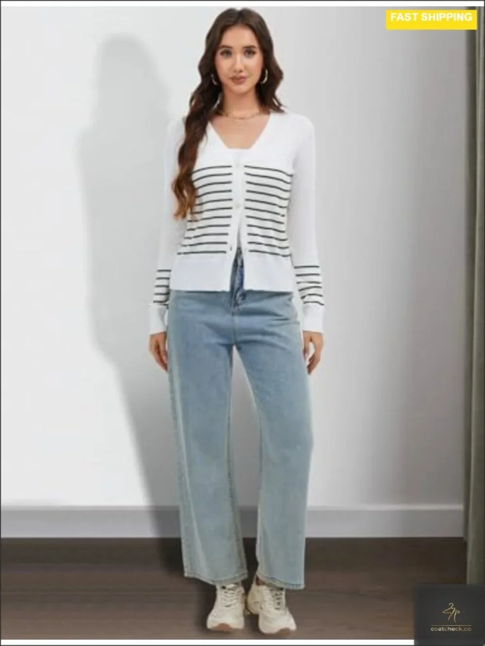 Striped Button Down V-Neck Open Front Long Sleeve Knit Cardigan Sweater